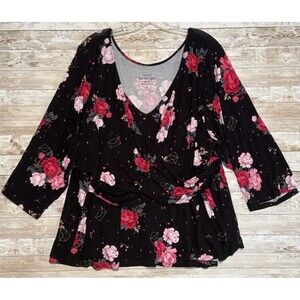 Torrid Super Soft Knits Blouse Womens 5X Black Red Pink Floral Vneck Cross Front